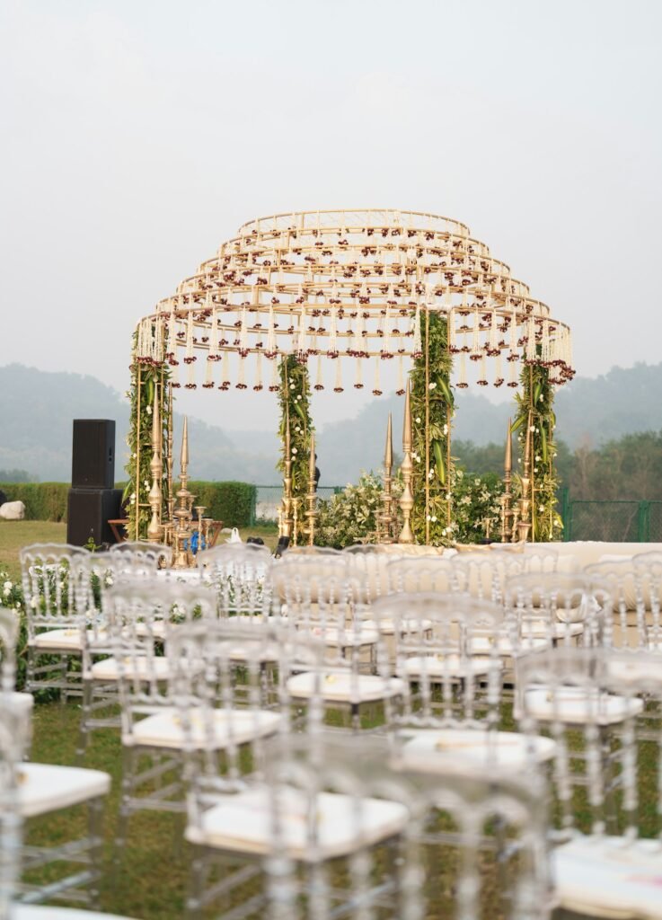 Outdoor wedding ceremony set-up with elegant seating