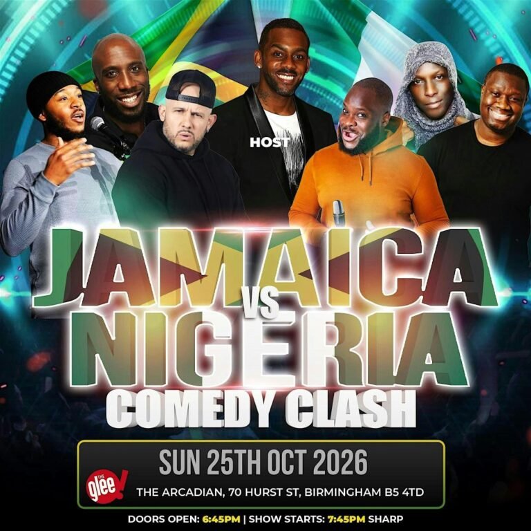 Event flyer: Jamaica vs Nigeria Comedy Clash 2026 Birmingham