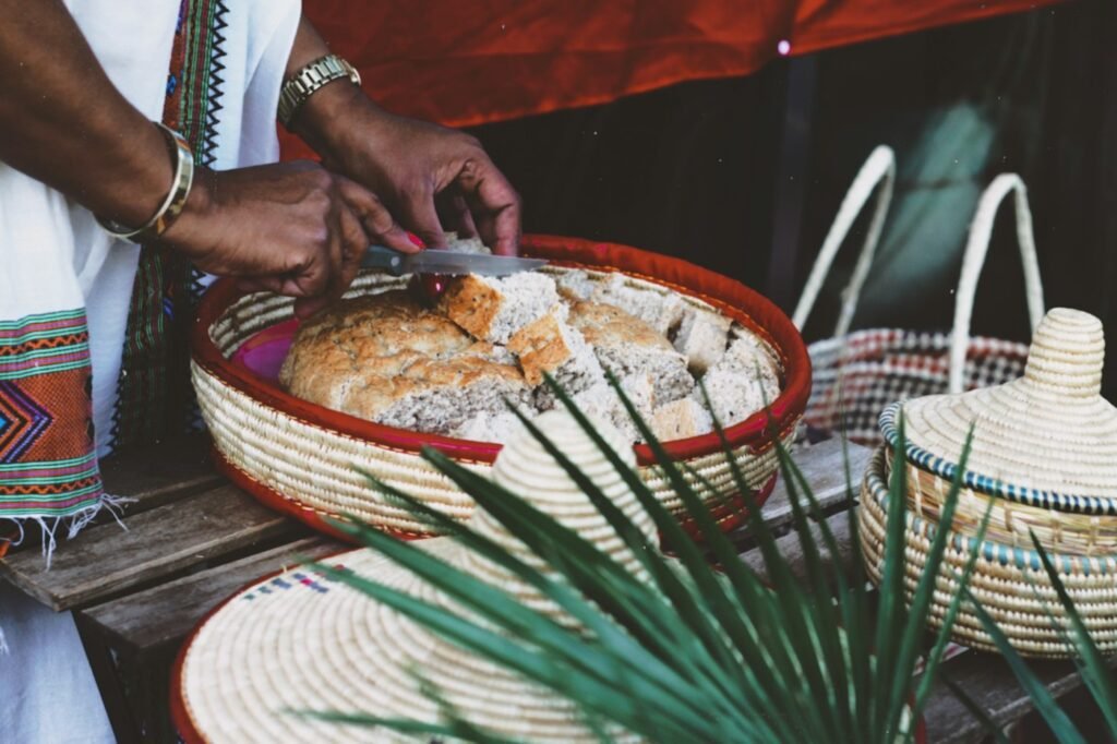 Injera served in a traditional woven basket