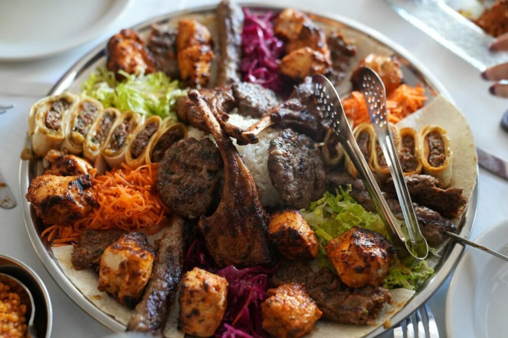 Platter of grilled meats and vegetables