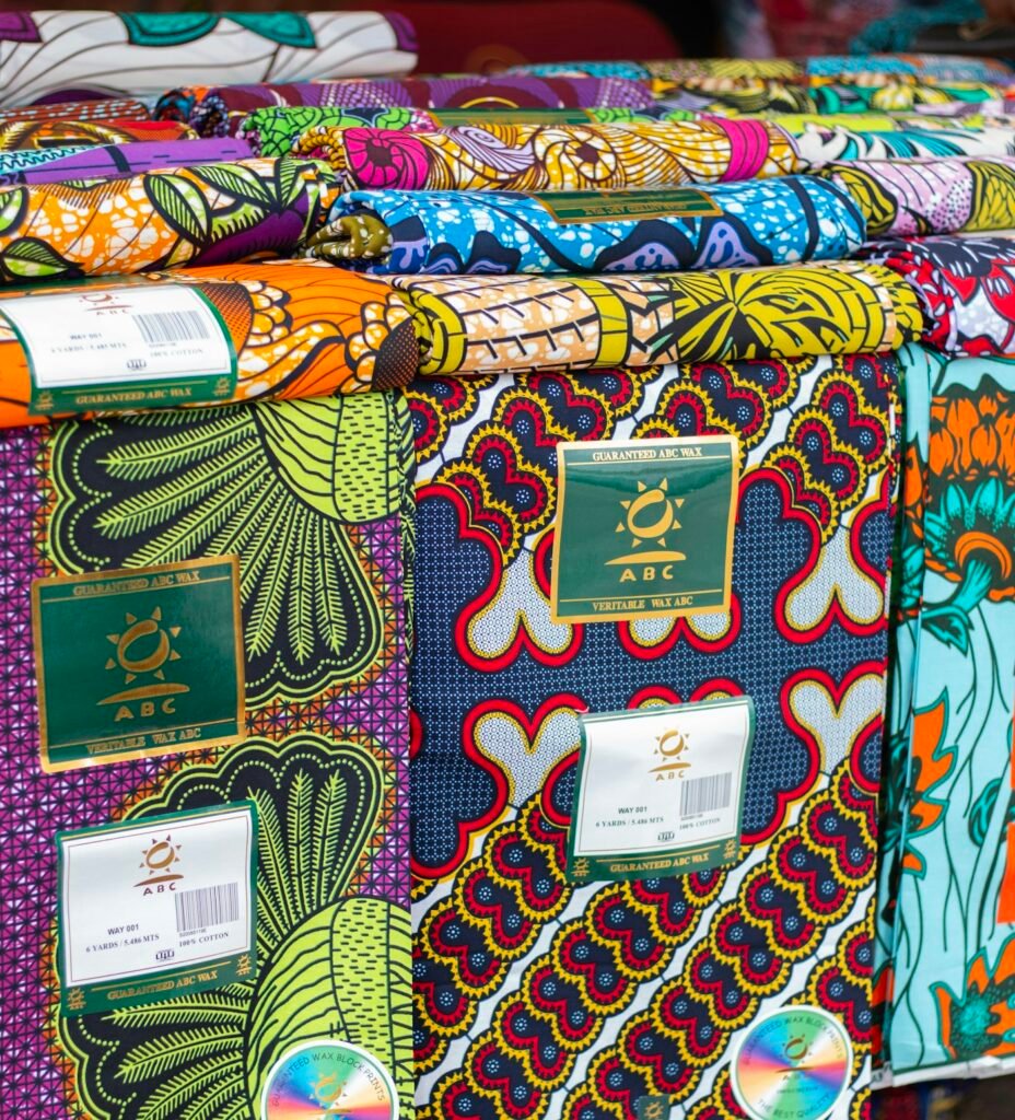 Colourful African fabric with intricate patterns