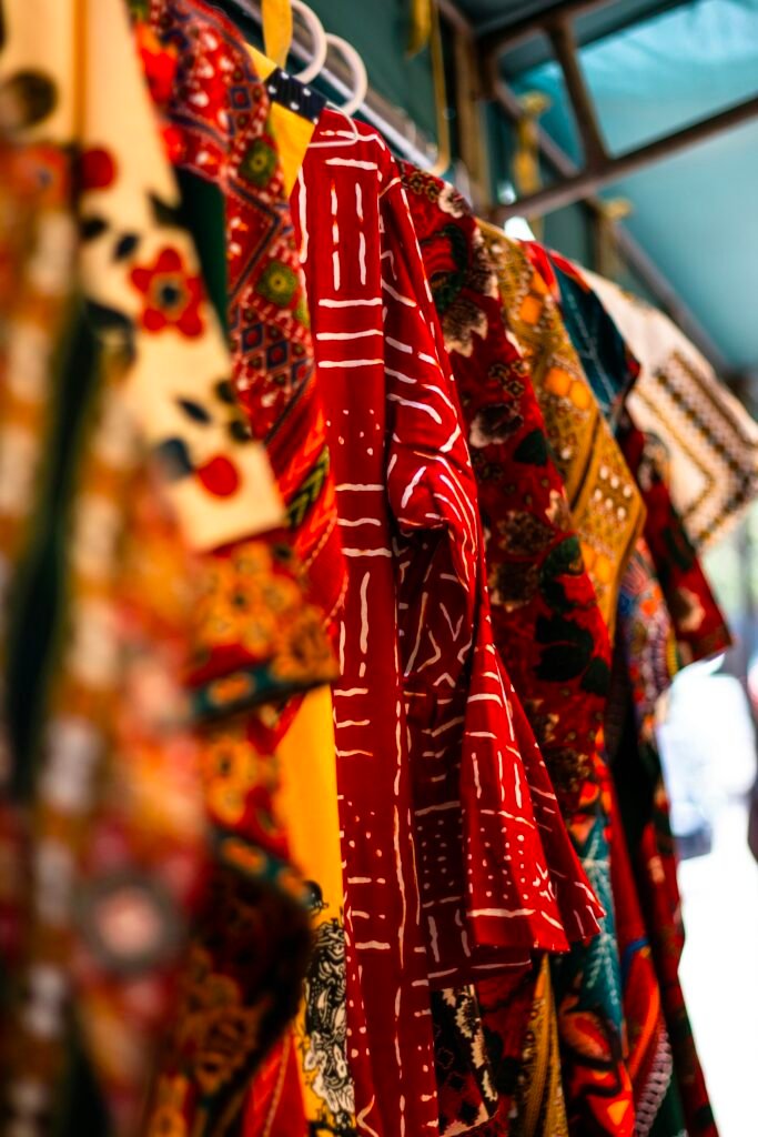 Colourful African print textiles on display