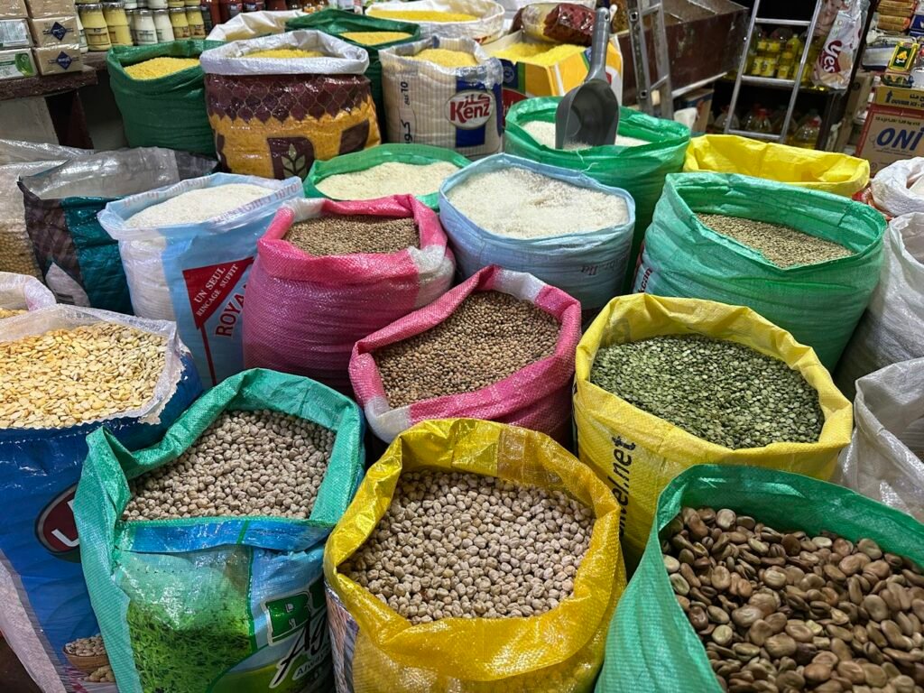 Colourful sacks of grains and legumes