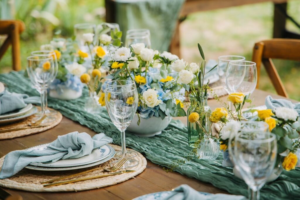 Event table set with floral arrangements