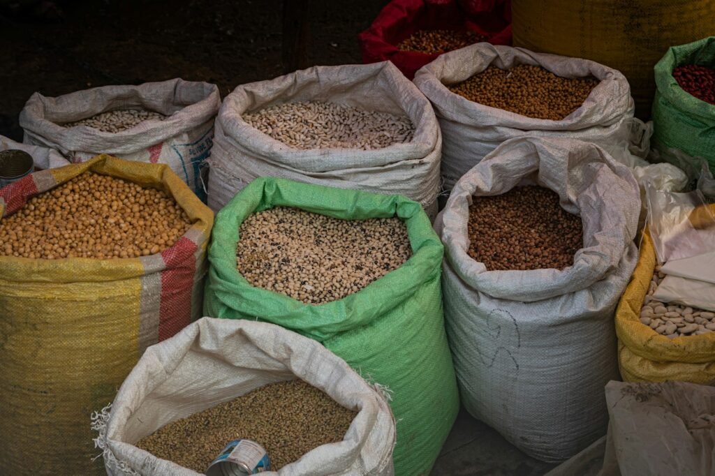 Sacks of dried beans and grains