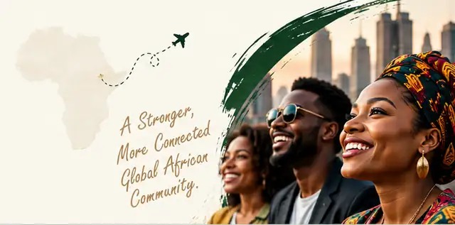 Smiling members of the global African community, beside a map of Africa and the words: A Stronger, More Connected Global African Community.